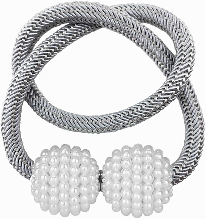 2pcs Magnetic Pearl Curtain Tiebacks - Braided Rope Holders with Ball Buckles & Punch-Free Drapery Clips