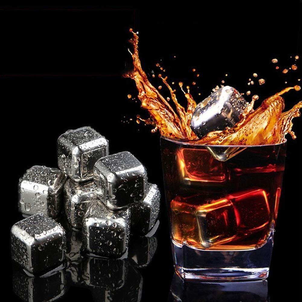 Stainless Steel Ice Cubes, Reusable Ice Cubes Set with Silicone Head Tongs and Ice Cube Trays - Pack of (8)