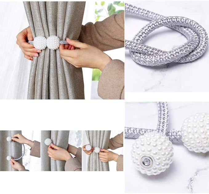 2pcs Magnetic Pearl Curtain Tiebacks - Braided Rope Holders with Ball Buckles & Punch-Free Drapery Clips