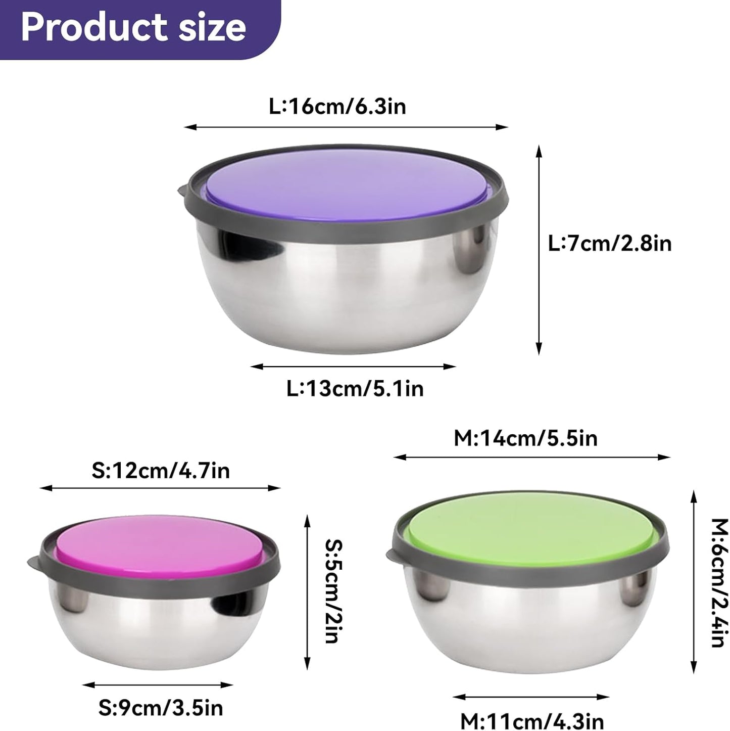 Set of 3 - Stainless Steel Mixing Bowls, Stainless Steel Nesting Bowls Set with Airtight Lids Non-Slip Food Storage Containers, Food Storage Bowls, Stainless Steel Seal Bowl With Lid