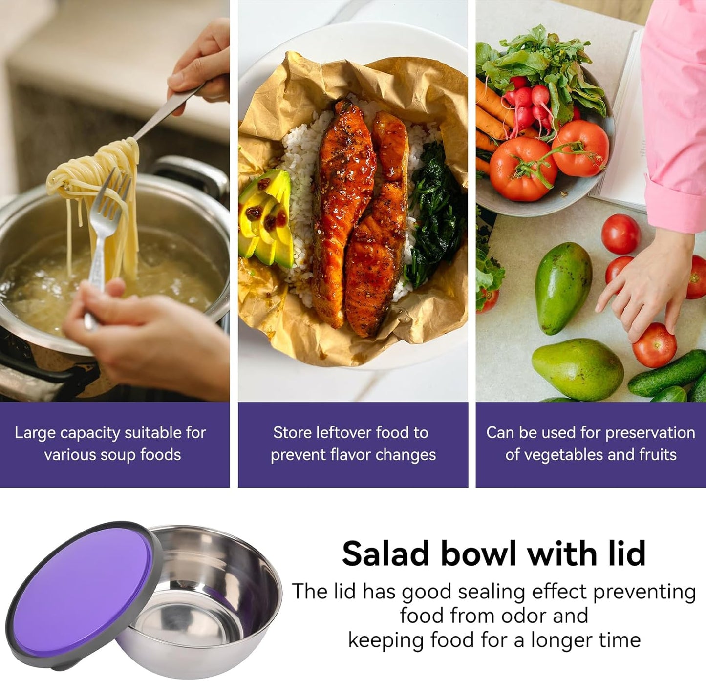 Set of 3 - Stainless Steel Mixing Bowls, Stainless Steel Nesting Bowls Set with Airtight Lids Non-Slip Food Storage Containers, Food Storage Bowls, Stainless Steel Seal Bowl With Lid