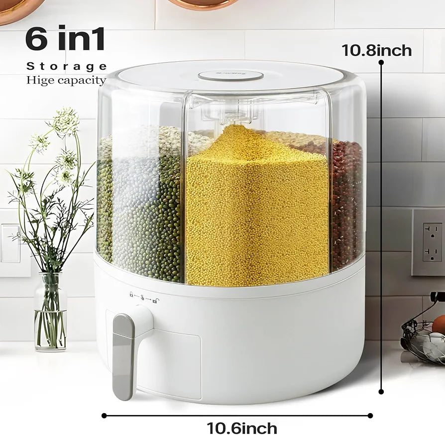 360° Rotating Grain Dispenser, Multi Grain Dispenser Bucket, Moisture Proof Cuisine Organizer, Rotary Partition Sealed Jar, Measuring Container Kitchen Grains Rice Storage Bucket Food Organizer
