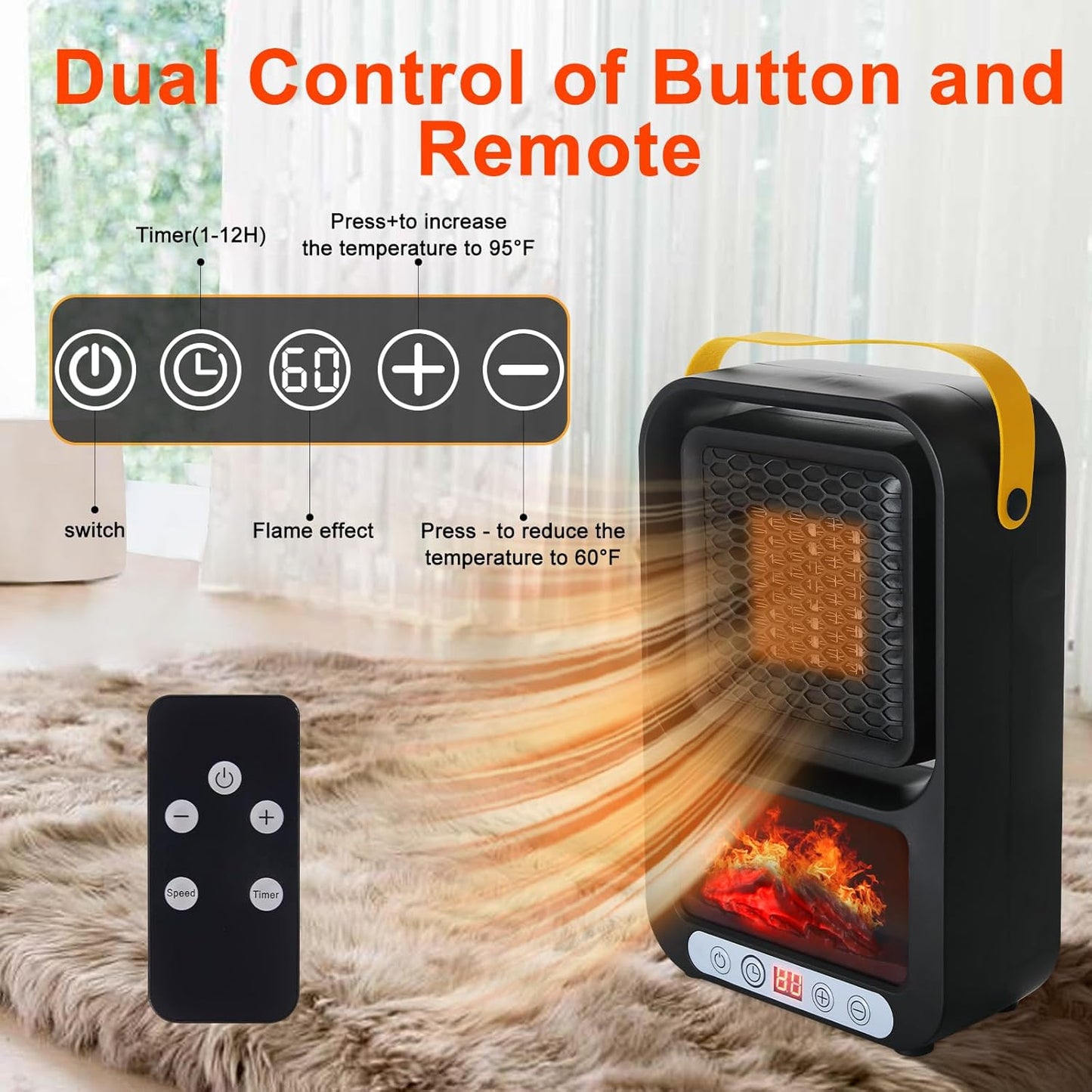 Small Space Heater for Indoor Use 700W Portable Electric Fireplace Heater Realistic 3D Flame Mini Room 110V Plug in Heater with Thermostat PTC for Desk Bedroom Bathroom Office