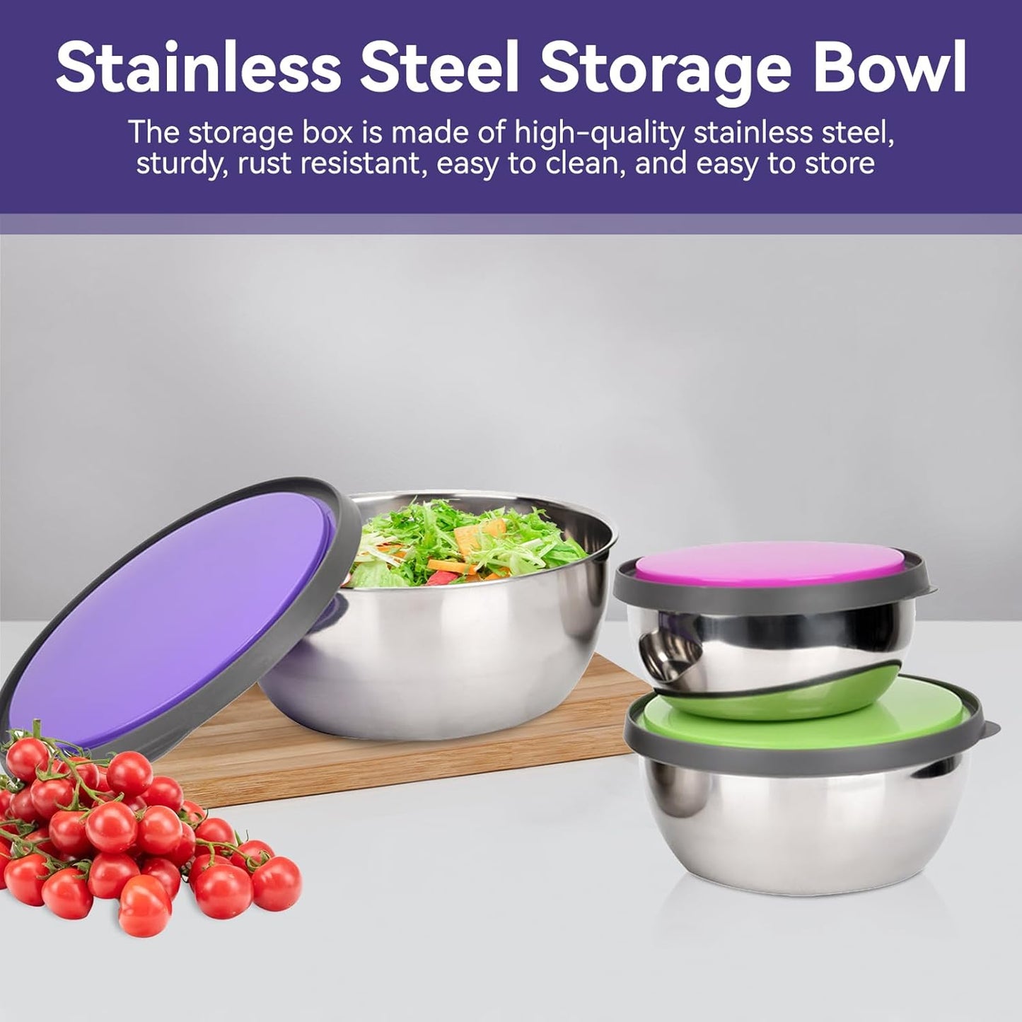 Set of 3 - Stainless Steel Mixing Bowls, Stainless Steel Nesting Bowls Set with Airtight Lids Non-Slip Food Storage Containers, Food Storage Bowls, Stainless Steel Seal Bowl With Lid