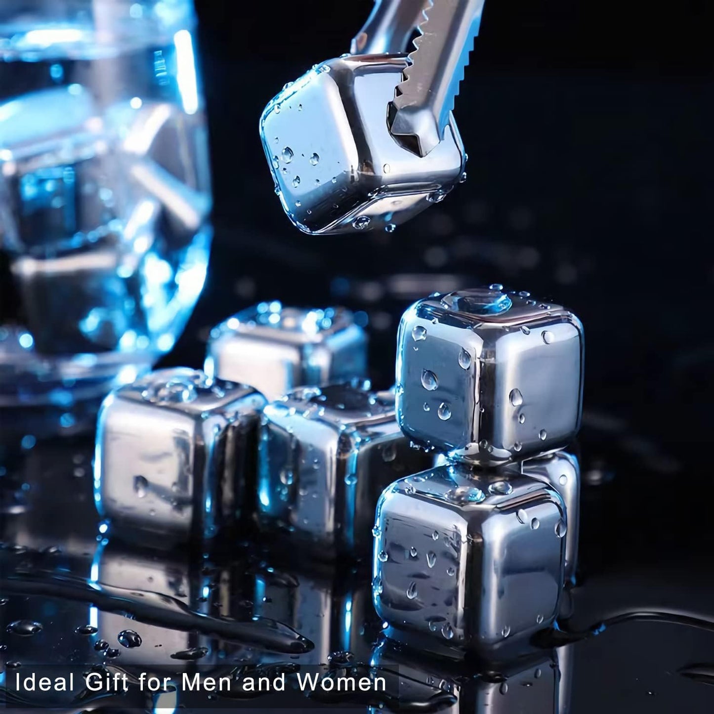 Stainless Steel Ice Cubes, Reusable Ice Cubes Set with Silicone Head Tongs and Ice Cube Trays - Pack of (8)