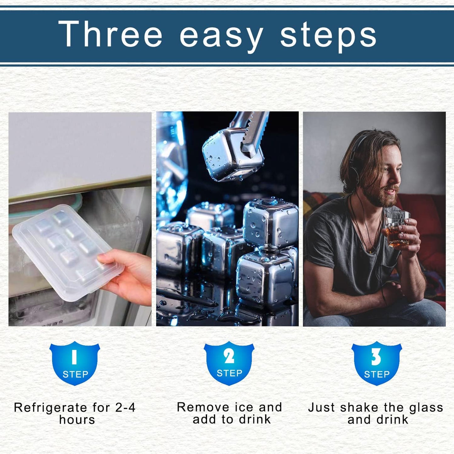 Stainless Steel Ice Cubes, Reusable Ice Cubes Set with Silicone Head Tongs and Ice Cube Trays - Pack of (8)