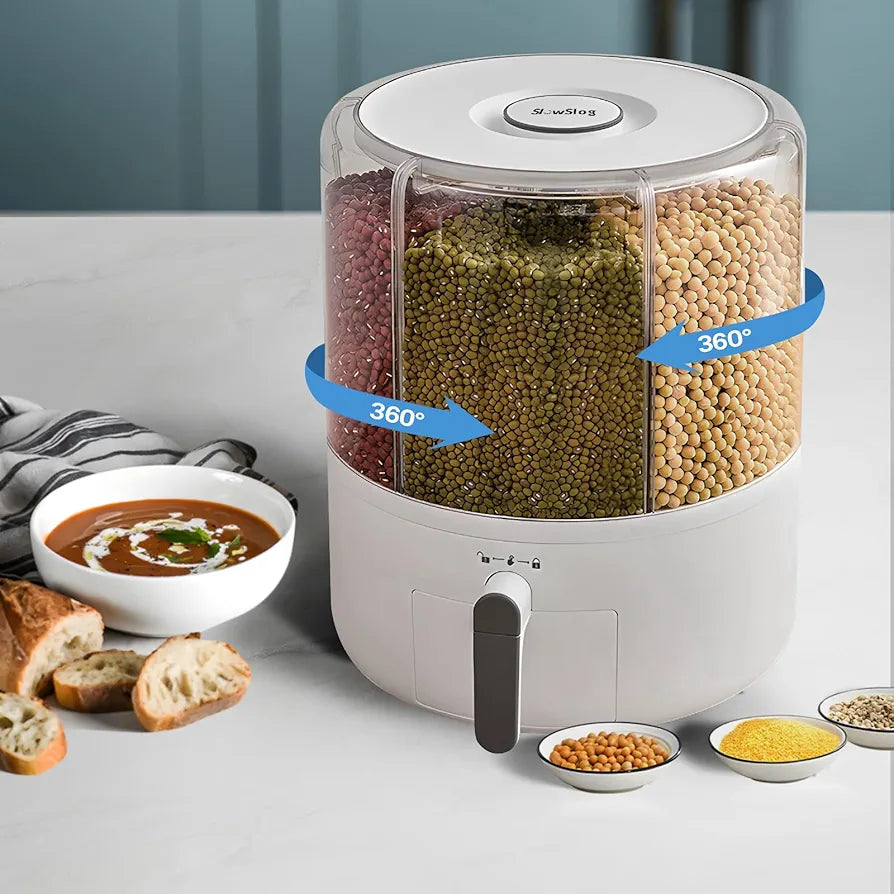 360° Rotating Grain Dispenser, Multi Grain Dispenser Bucket, Moisture Proof Cuisine Organizer, Rotary Partition Sealed Jar, Measuring Container Kitchen Grains Rice Storage Bucket Food Organizer
