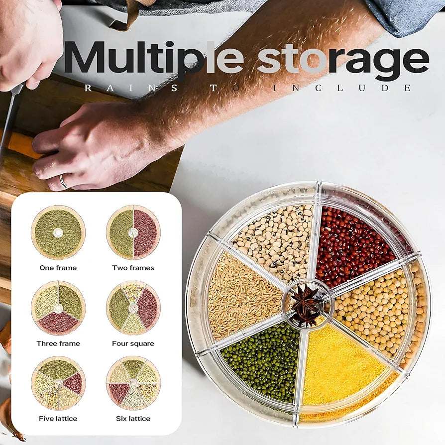 360° Rotating Grain Dispenser, Multi Grain Dispenser Bucket, Moisture Proof Cuisine Organizer, Rotary Partition Sealed Jar, Measuring Container Kitchen Grains Rice Storage Bucket Food Organizer