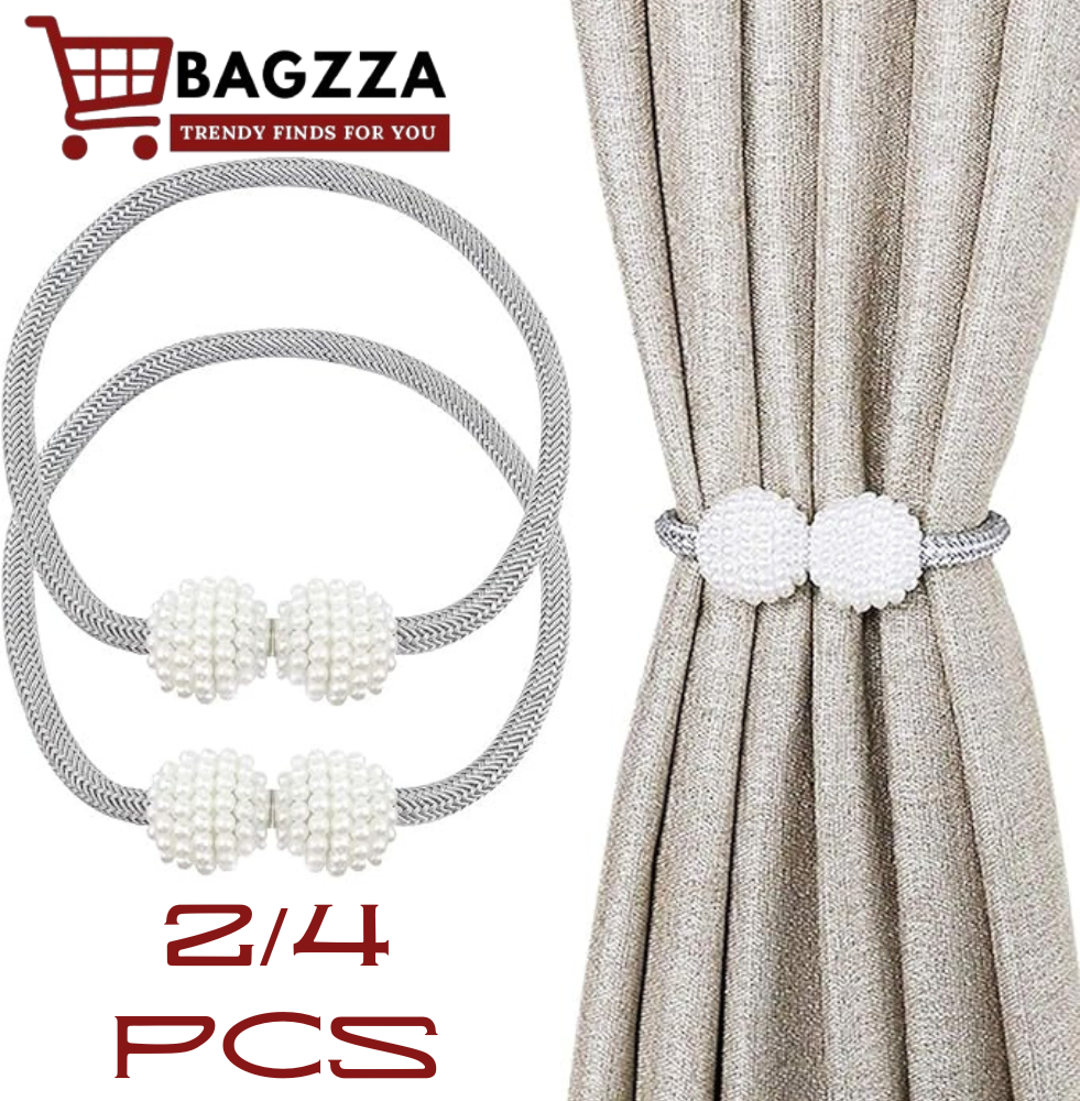 2pcs Magnetic Pearl Curtain Tiebacks - Braided Rope Holders with Ball Buckles & Punch-Free Drapery Clips