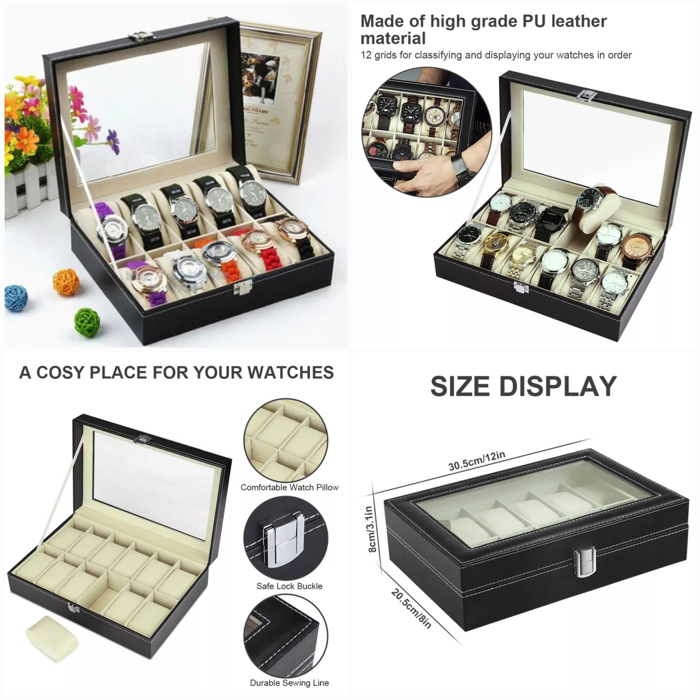 12 Grid Slots PU Leather Luxury Brand Watch Display Box