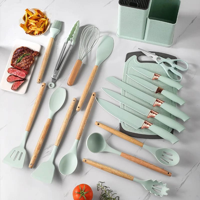 19 PCs Silicon Cooking & Knife Set With Board (Random Colors)