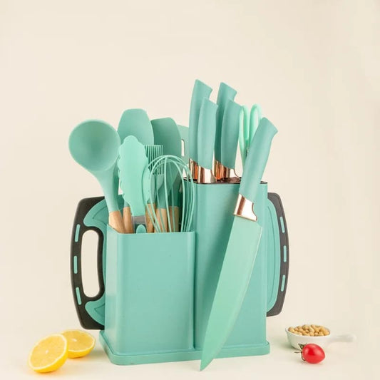 19 PCs Silicon Cooking & Knife Set With Board (Random Colors)