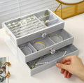 3 Drawers Jewellery Box front view with rings and necklaces