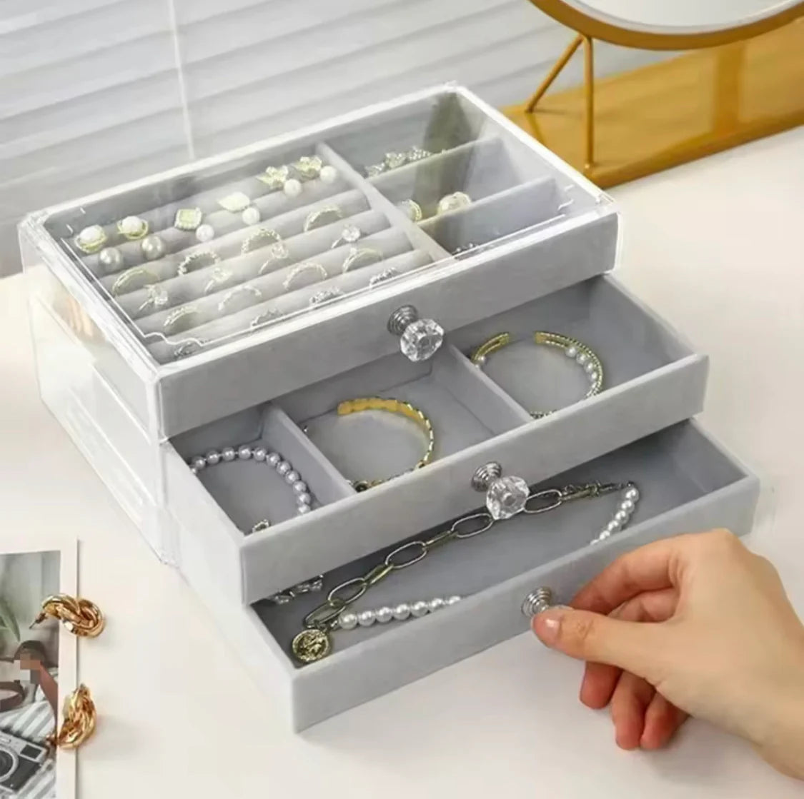 3 Drawers Jewellery Box front view with rings and necklaces