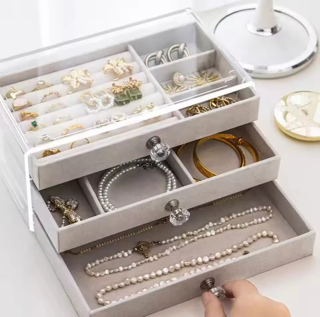 3 Drawers Jewellery Box front view with rings and necklaces