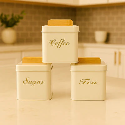 Sale   3-Piece Square Metal Sugar Canister Set with Bamboo Lids - White