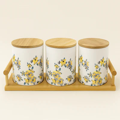 Floral Ceramic Jar Set of 3 with Bamboo Tray