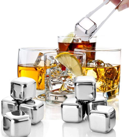 Stainless Steel  Ice Cubes, Reusable  Ice Cubes Set with Silicone Head Tongs and Ice Cube Trays - Pack of (8)