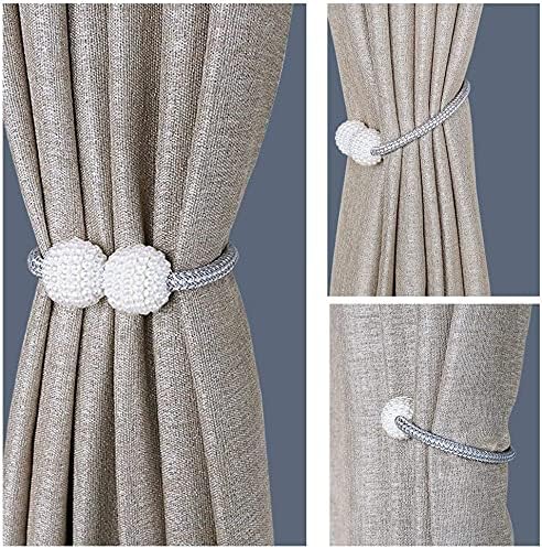 2pcs Magnetic Pearl Curtain Tiebacks - Braided Rope Holders with Ball Buckles & Punch-Free Drapery Clips