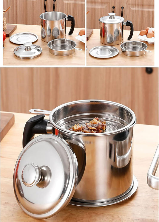 1.4L Cooking Oil Strainer & Separator Pot – Stainless Steel Grease Can with Fine Mesh Filter