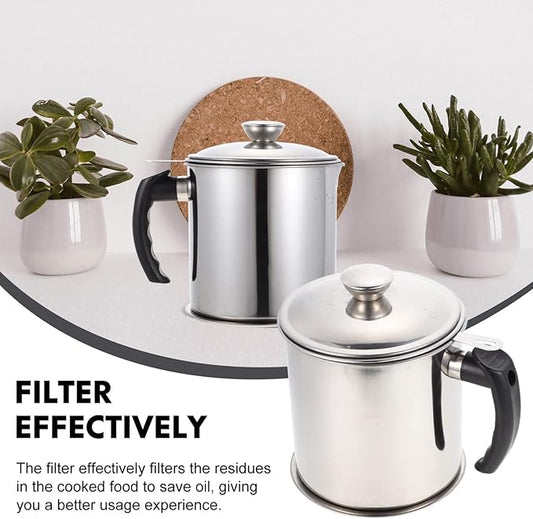 1.4L Cooking Oil Strainer & Separator Pot – Stainless Steel Grease Can with Fine Mesh Filter