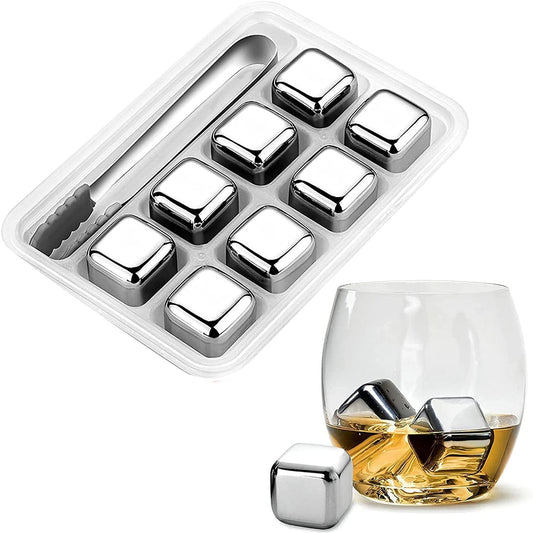 Stainless Steel  Ice Cubes, Reusable  Ice Cubes Set with Silicone Head Tongs and Ice Cube Trays - Pack of (8)
