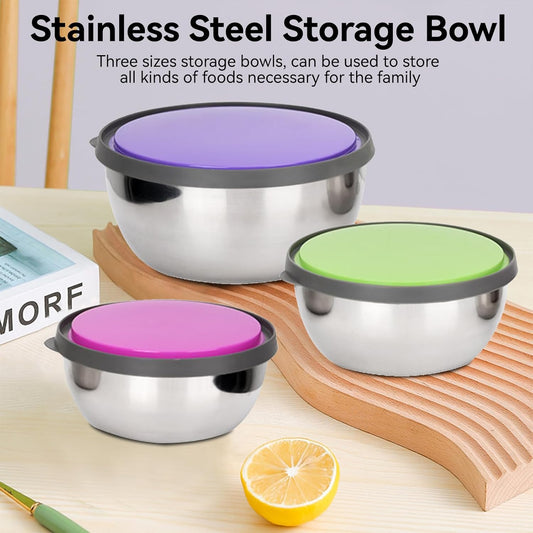 Set of 3 - Stainless Steel Mixing Bowls, Stainless Steel Nesting Bowls Set with Airtight Lids Non-Slip Food Storage Containers, Food Storage Bowls, Stainless Steel Seal Bowl With Lid