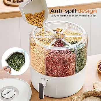 360° Rotating Grain Dispenser, Multi Grain Dispenser Bucket, Moisture Proof Cuisine Organizer, Rotary Partition Sealed Jar, Measuring Container Kitchen Grains Rice Storage Bucket Food Organizer