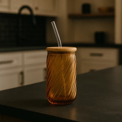 Textured Swirl Glass Tumbler with Bamboo Lid