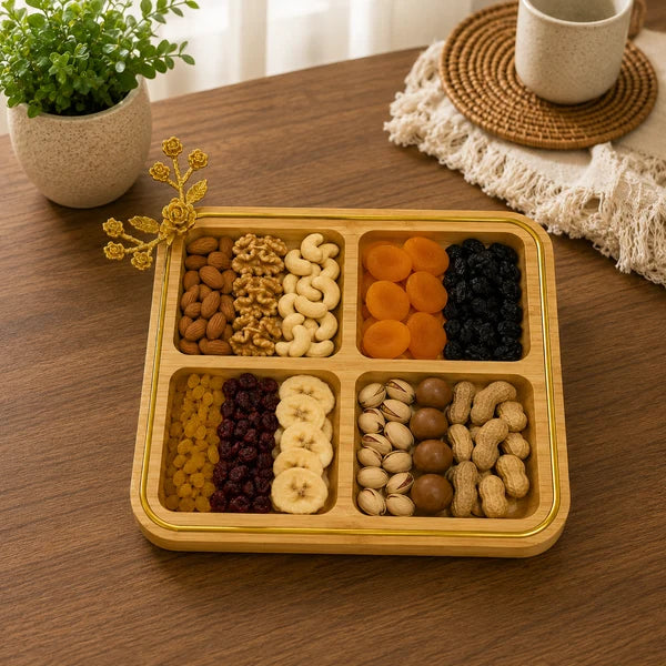 Square Bamboo Divided Tray with Golden Accent