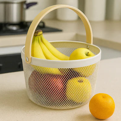 Fruit Mesh Basket Round With Wooden Handle