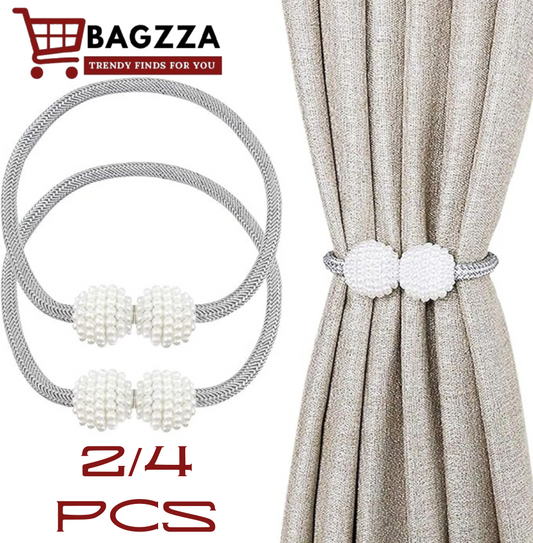 2pcs Magnetic Pearl Curtain Tiebacks - Braided Rope Holders with Ball Buckles & Punch-Free Drapery Clips