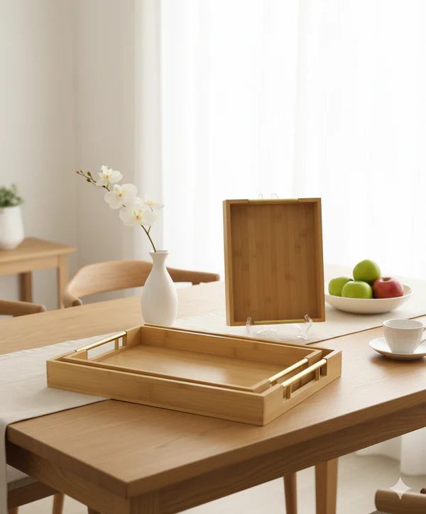BAMBOO GOLDEN HANDLE 3 PCS TRAY SET