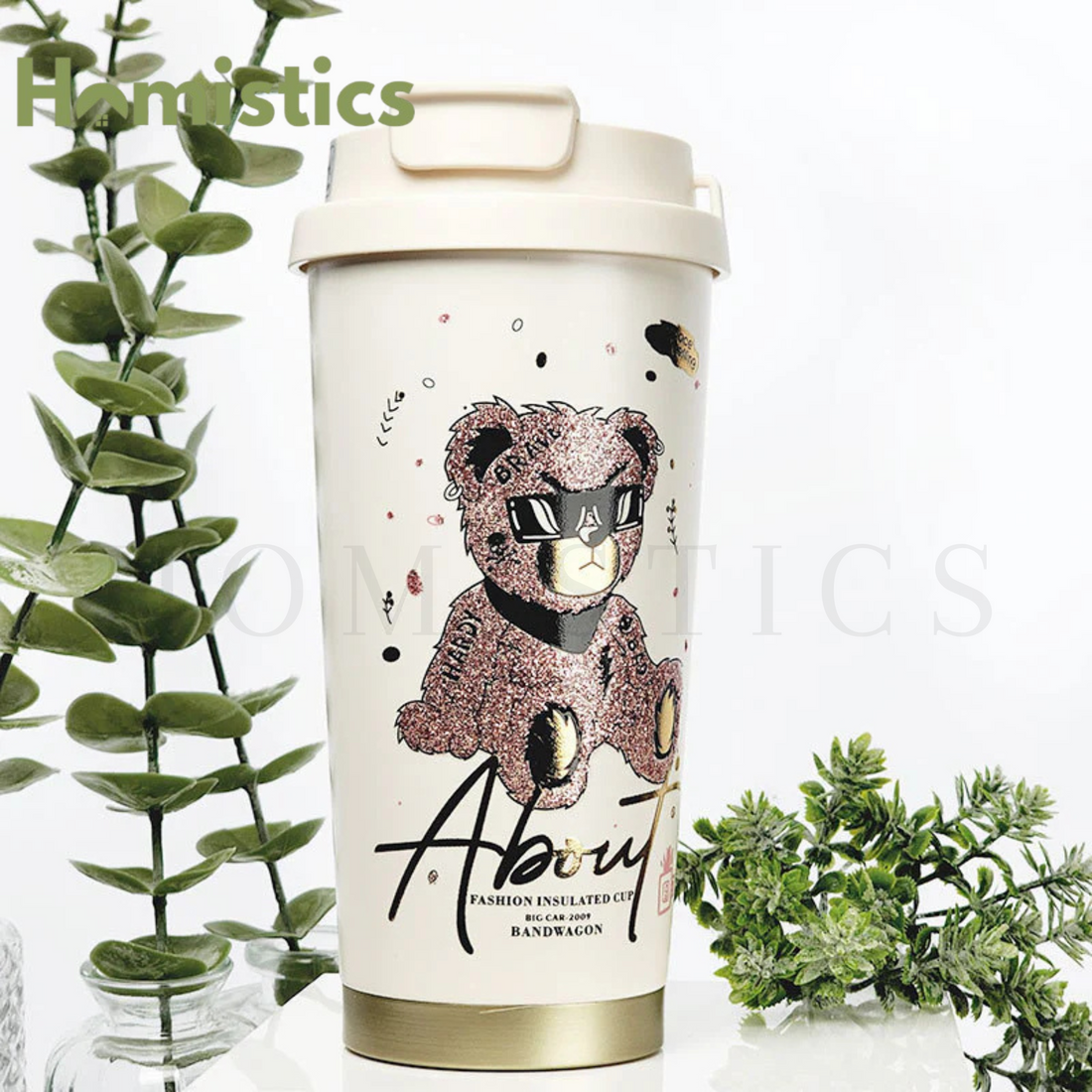 Hardy Fashion Insulated Coffee Tumbler with Infuser Tube & Inner Ceramic Liner – 520ml (Pink Bear)
