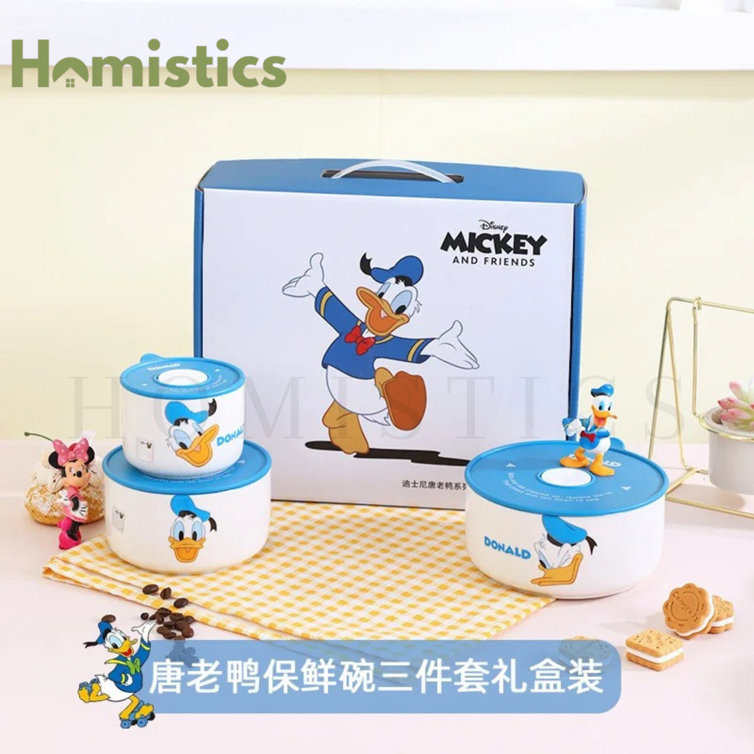 Walt Disney 3-Piece Airlock Food Container Set - Premium Quality Porcelain (300ml, 500ml, 800ml)