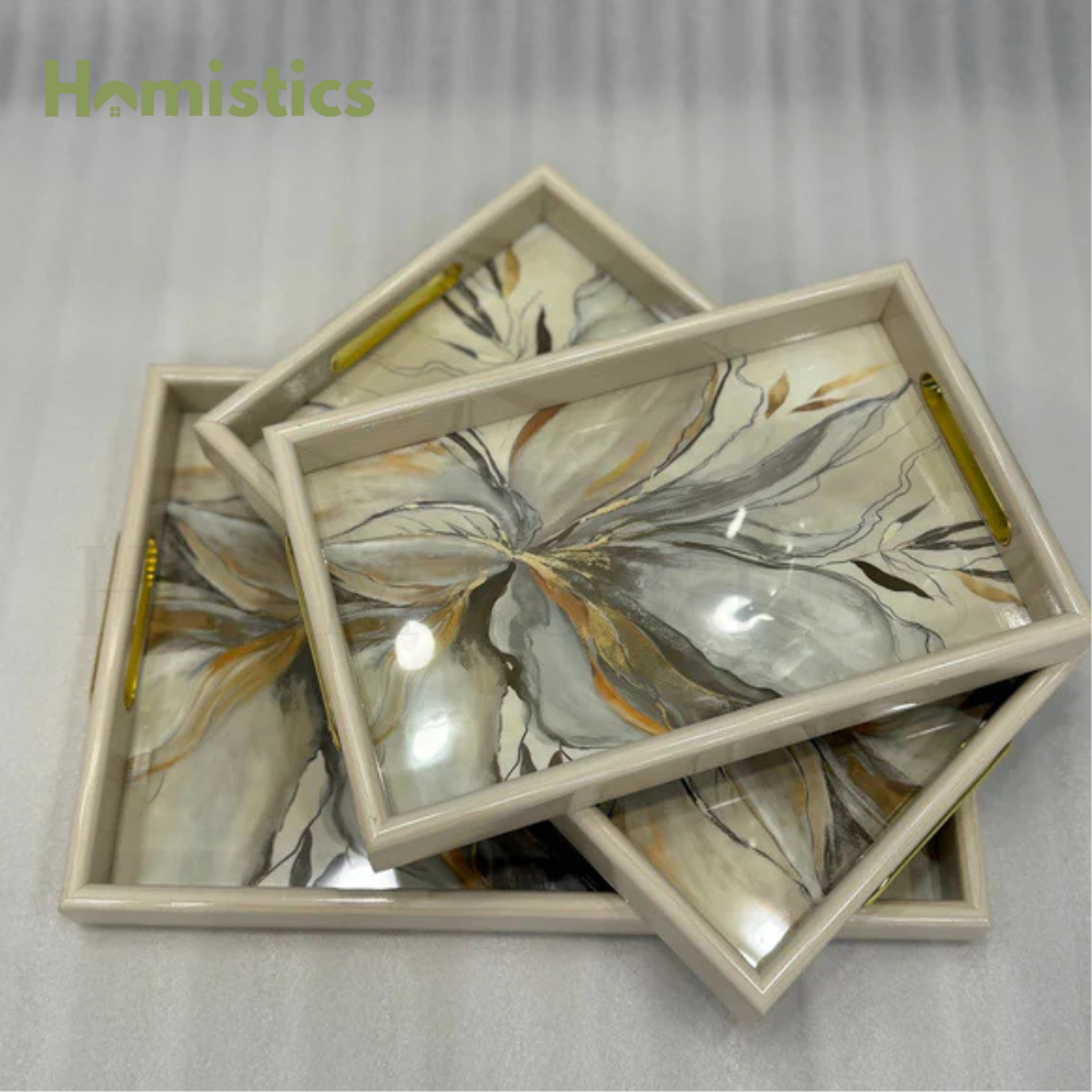 3-Piece White & Gold Marble-Look Serving Tray Set
