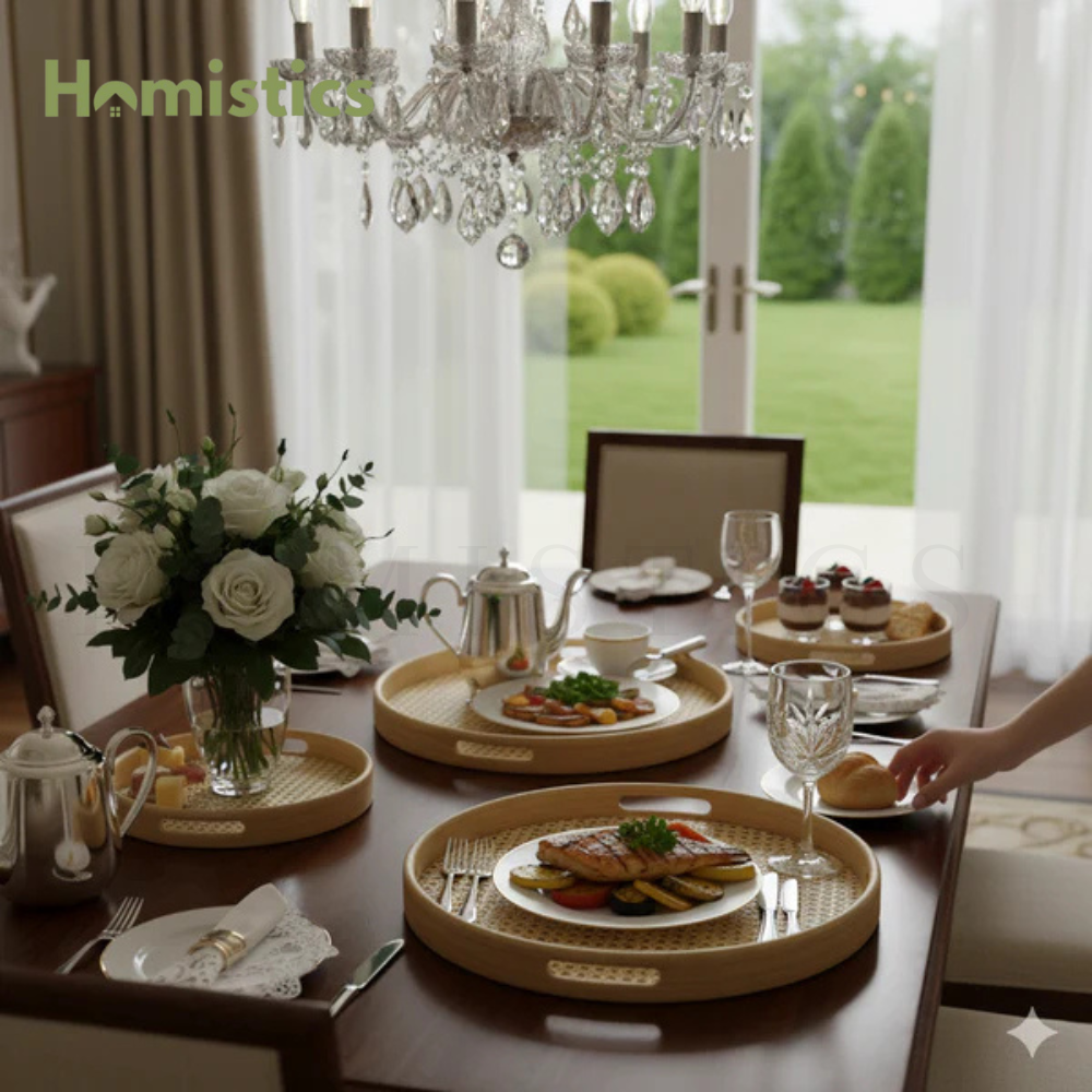 Antique Wooden Rattan Pattern Round Serving Tray Set