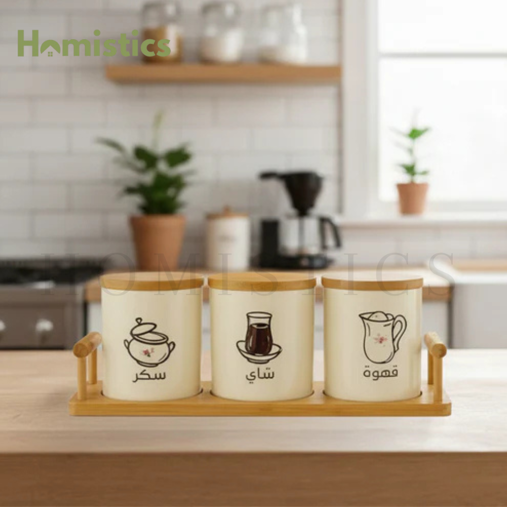 3-Piece Porcelain Air Tight Jar Set With Real Bamboo Wood Stand
