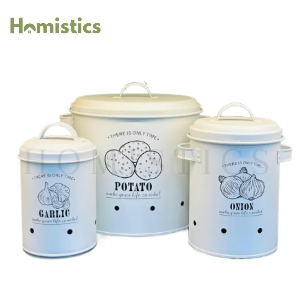 3-Piece Tin Storage Bucket Set for Potatoes, Onions, and Garlic