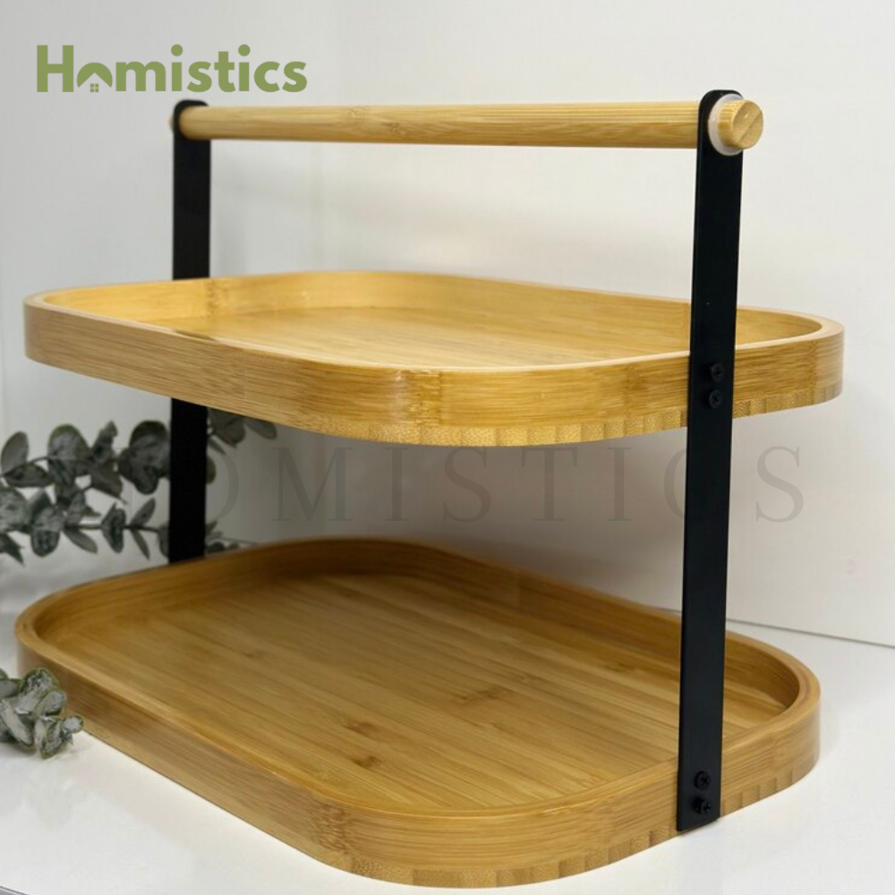 Elegant Oval Bamboo 2-Tier Counter Organizer – Multipurpose Storage Rack