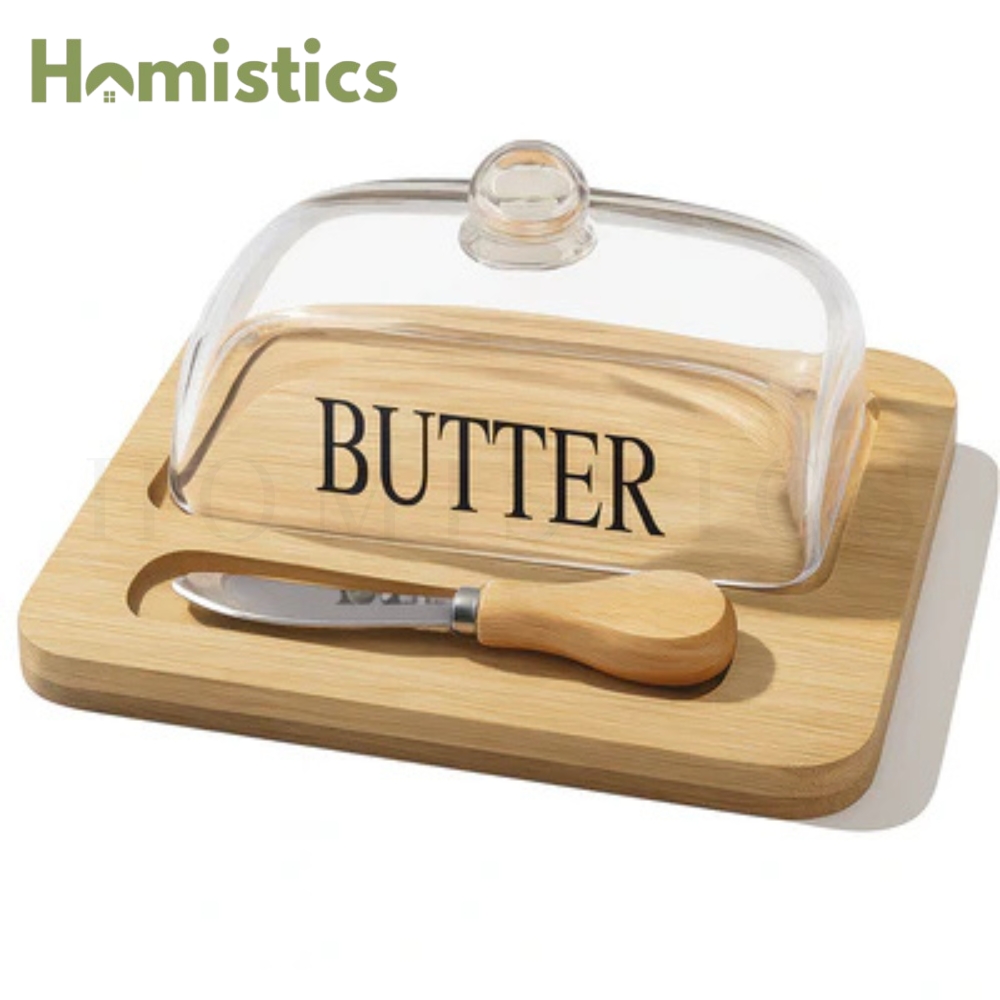 Glass Butter Dish with Bamboo Base and Wooden Knife