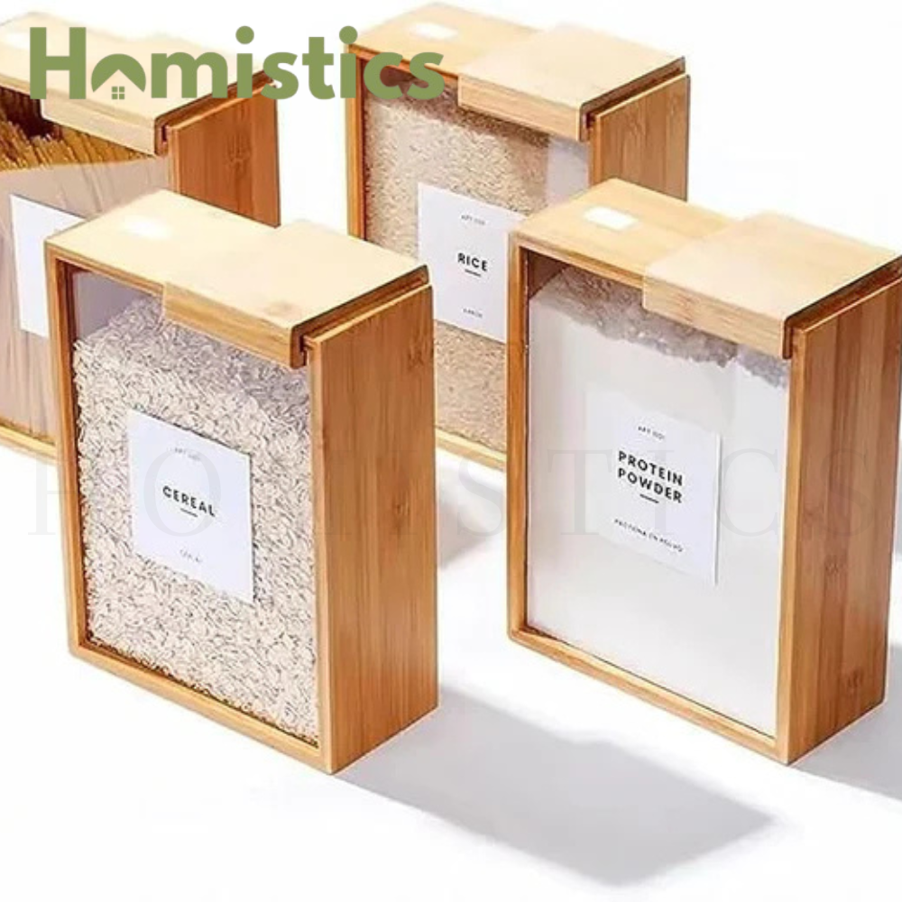 Bamboo Wooden Grain Storage Box Airtight Food Container for Kitchen