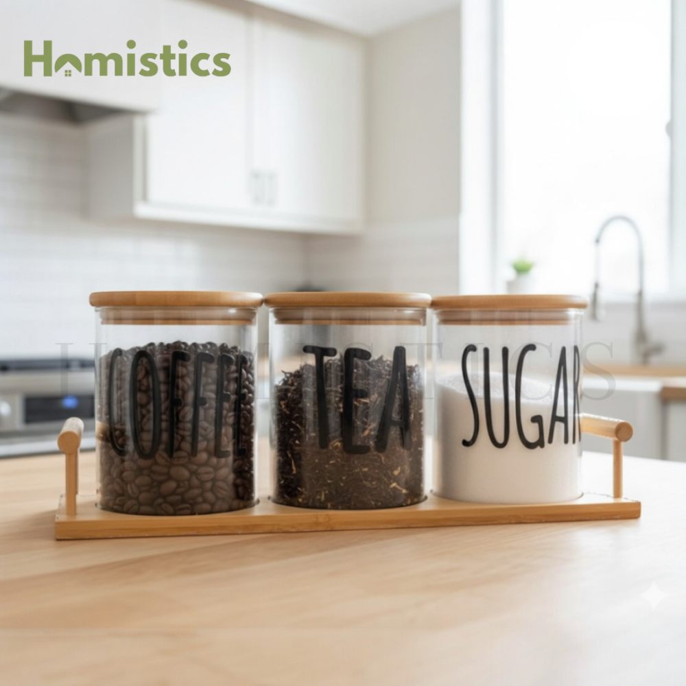 3pcs Airtight Round Glass Jars Set for Tea, Coffee & Sugar with Bamboo Lids and Stand -1000g