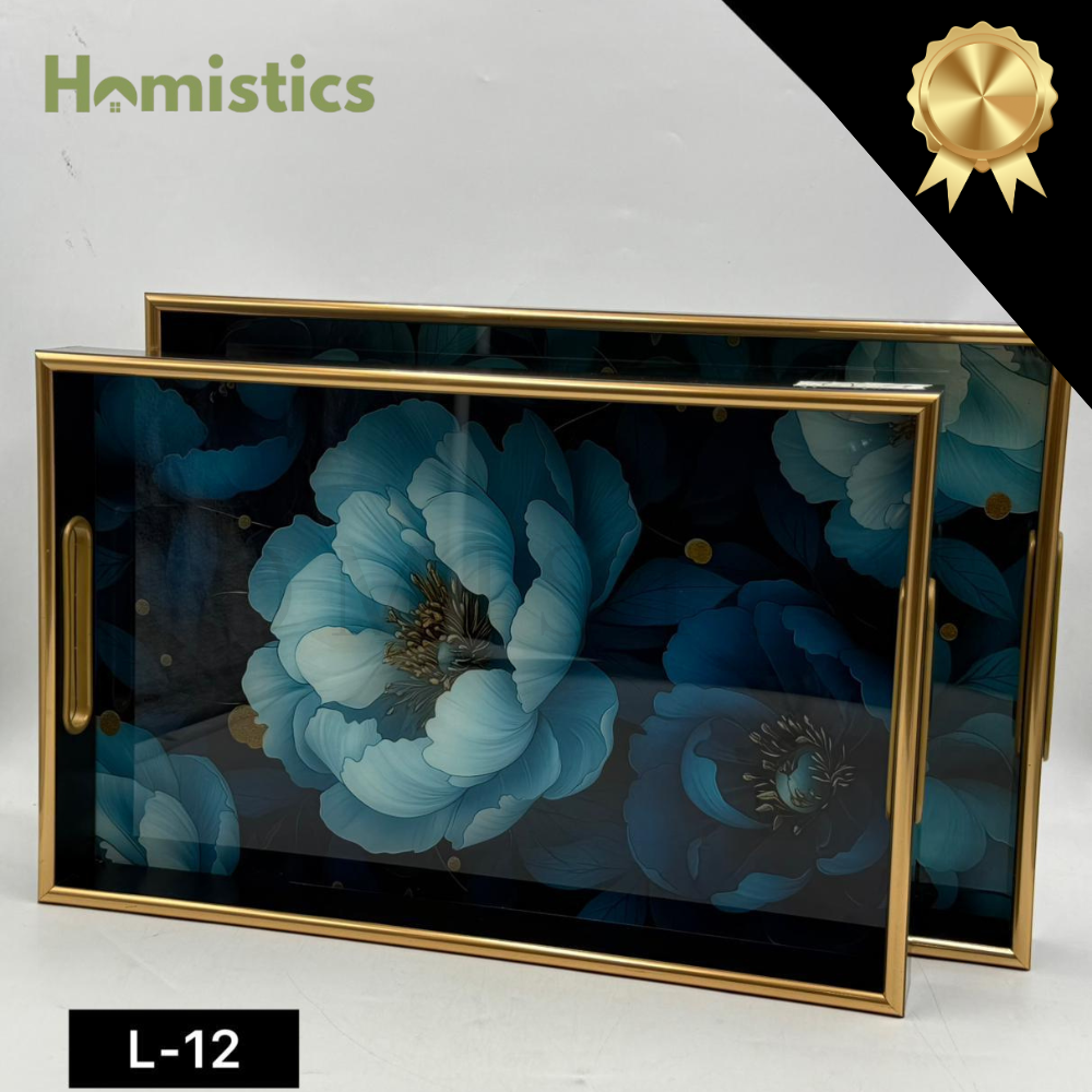 Vibrant Floral Acrylic Tray Set with Golden Frame – 2pcs