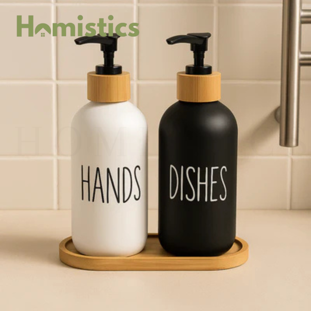 Dual Soap Dispenser with Bamboo Tray