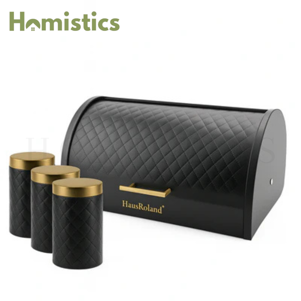HausRoland Luxe Quilted Bread Bin & Canister Set – Black & Gold