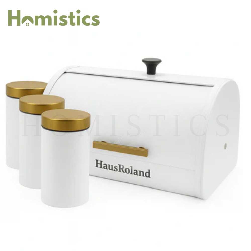 HausRoland Luxe Quilted Bread Bin & Canister Set – White & Gold