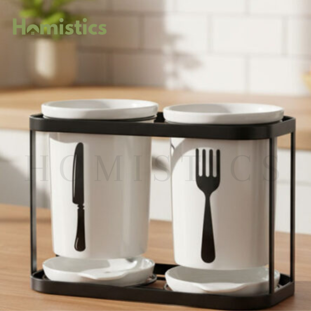 2-Piece Spoon Organizer with Bamboo Stand -Functional Elegant & Kitchen Storage