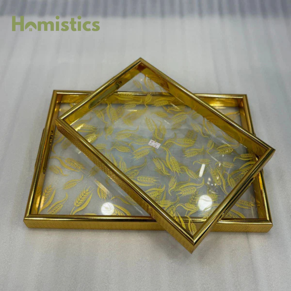Luxury 2-Piece Glass Luxury Gold Wheat-Pattern Serving Tray Set
