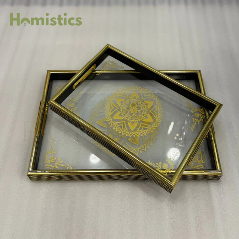 Luxury 2-Piece Glass Gold Designing Serving Tray Set